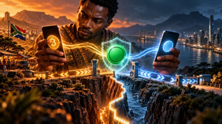 Comerciante sul-africano comparando dois celulares separados por uma fronteira abstrata