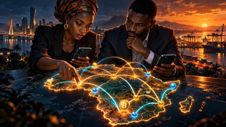 Professionnels africains examinant des corridors de paiement sur une carte abstraite