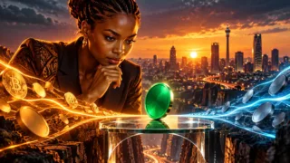 Mjasiriamali wa Afrika Kusini akiangalia token ya kijani iliyosawazishwa mbele ya Johannesburg