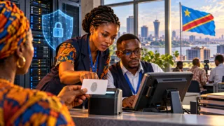 Deux professionnels congolais travaillent à un terminal d’enregistrement près de serveurs sécurisés à Kinshasa