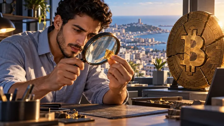 Un ingénieur algérien compare un fragment de Bitcoin et une règle de mesure.