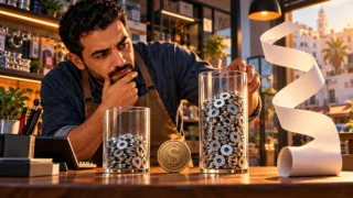 Un commerçant algérien examine deux quantités différentes près d’un jeton dollar.