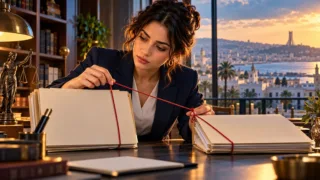 Une juriste algérienne relie deux dossiers distincts sous une lampe.