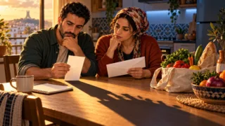 Two Algerian relatives compare a receipt, an envelope and their household budget.