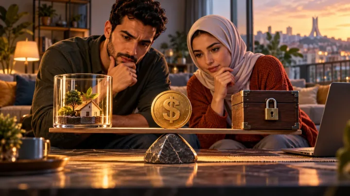 Un couple algérien examine un jeton dollar entre deux récipients séparés.