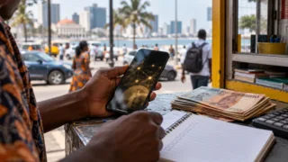 Téléphone affichant un réseau numérique près de billets de kwanza dans un comptoir de change à Luanda.