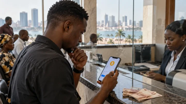 Un client examine un service Bitcoin sur téléphone dans un comptoir financier de Luanda.