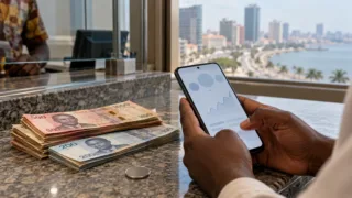 Un téléphone consacré aux actifs numériques posé près de billets de kwanza, avec un bureau de change flou en arrière-plan.