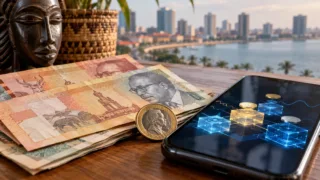 Billets de kwanza, pièce en dollar et téléphone illustrant les risques et la liquidité des stablecoins.