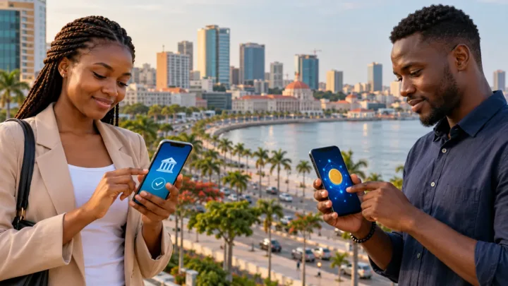 Deux téléphones illustrent séparément un paiement bancaire en kwanza et un transfert sur blockchain.