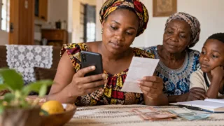 Une famille compare un reçu de transfert, un portefeuille mobile et des billets de kwanza.