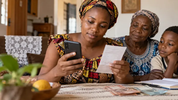 Une famille compare un reçu de transfert, un portefeuille mobile et des billets de kwanza.