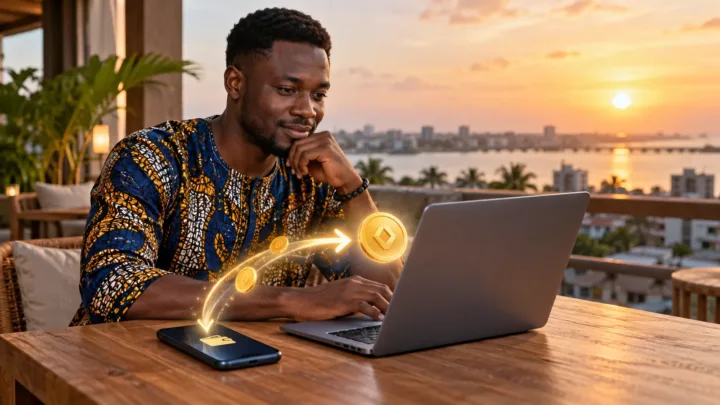 Un utilisateur examine un parcours crypto et Mobile Money au Bénin.