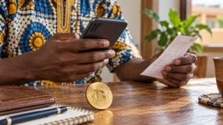 Un utilisateur rapproche un paiement mobile et une commande de Bitcoin.