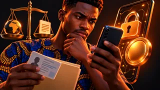 Utilisateur congolais vérifiant des documents devant un téléphone et un cadenas