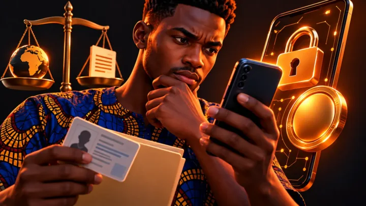 Utilisateur congolais vérifiant des documents devant un téléphone et un cadenas