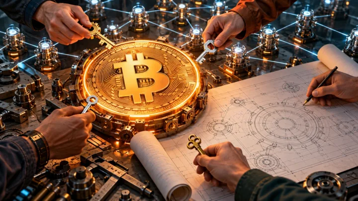 Des mains travaillent autour d'une pièce Bitcoin et de plans techniques reliés à plusieurs nœuds.