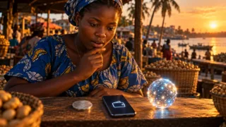 Une commerçante de Bissau compare une pièce abstraite, un téléphone et une sphère numérique sur son comptoir.