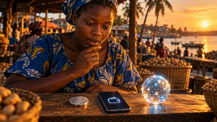 Une commerçante de Bissau compare une pièce abstraite, un téléphone et une sphère numérique sur son comptoir.