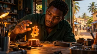 Un technicien de Bissau examine un symbole Bitcoin lumineux au-dessus de petites unités cuivrées.