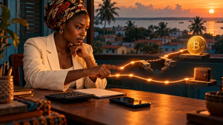 Une acheteuse compare deux parcours lumineux vers un symbole Bitcoin et un portefeuille sur un bureau.