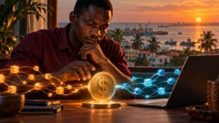 Un entrepreneur observe un jeton dollar conceptuel entre deux réseaux distincts près de son ordinateur.