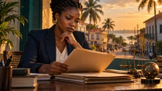 Une juriste de Bissau étudie des dossiers neutres près d’une balance et d’un objet numérique abstrait.