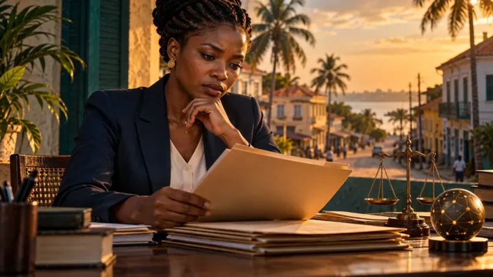 Une juriste de Bissau étudie des dossiers neutres près d’une balance et d’un objet numérique abstrait.