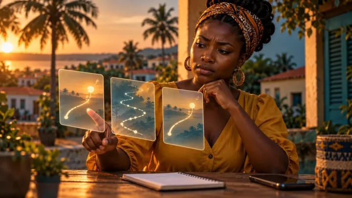 An entrepreneur examines three unbranded abstract interfaces at a desk overlooking a tropical courtyard.