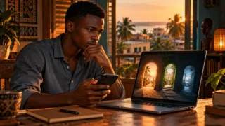 Un utilisateur consulte trois portes numériques distinctes sur son ordinateur et son téléphone à Bissau.