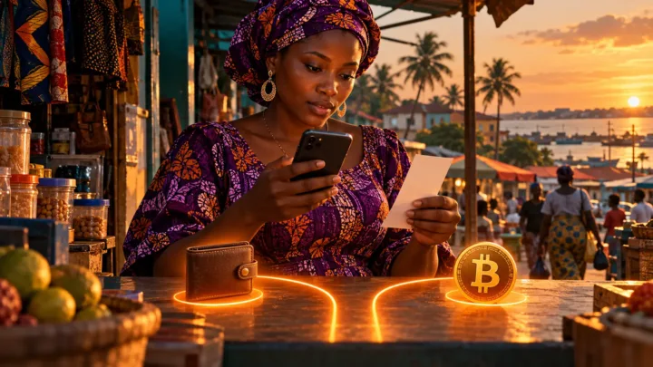 A customer checks her phone and a neutral receipt beside two separate paths leading to a wallet and Bitcoin.