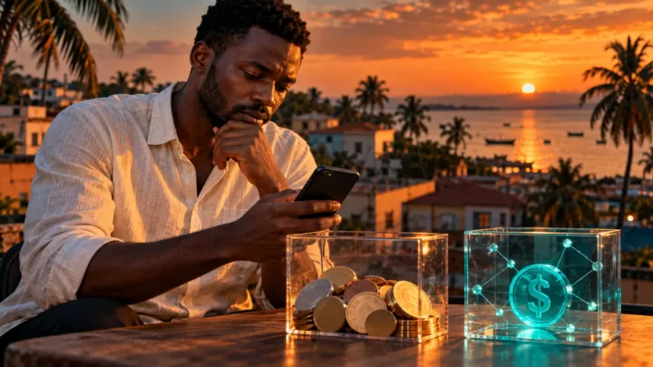 Un commerçant compare son téléphone, des unités monétaires abstraites et un jeton dollar séparé.