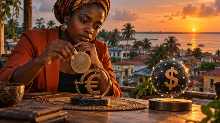 Une entrepreneuse compare une unité monétaire reliée à un symbole euro et un jeton dollar sur un réseau séparé.