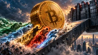 Une pièce Bitcoin monte sur une rampe alimentée par cinq forces face à une barrière de vente