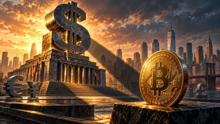 Un dollar monumental projette son ombre vers Bitcoin, qui reste debout sur une plateforme