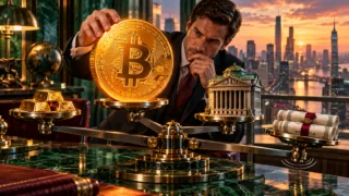 Un gérant ajuste une pièce Bitcoin sur une balance aux côtés de l’or, des actions et des obligations