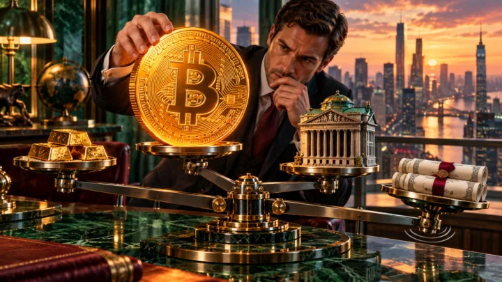 Un gérant ajuste une pièce Bitcoin sur une balance aux côtés de l’or, des actions et des obligations