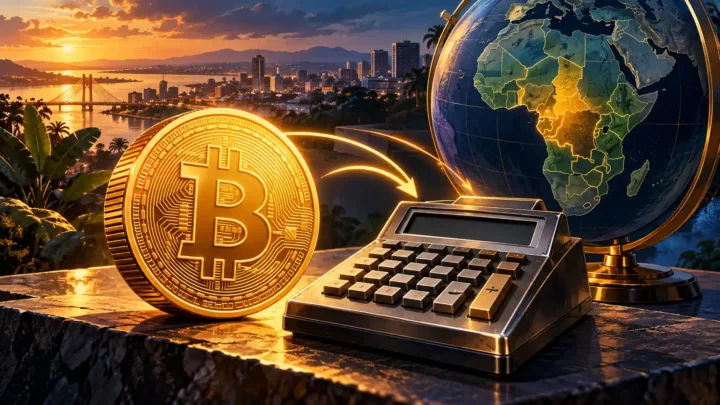 Bitcoin stylisé et calculatrice pour illustrer une conversion en francs CFA d’Afrique centrale