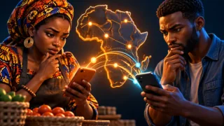 Deux utilisateurs africains examinant des téléphones et des circuits de paiement