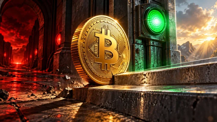 Illustration d’une pièce Bitcoin franchissant une marche sous un signal vert, avec une zone rouge derrière elle