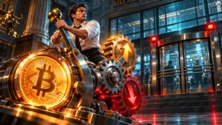 Illustration d’un levier amplifiant les variations de Bitcoin dans les deux sens, devant une porte de marché fermée