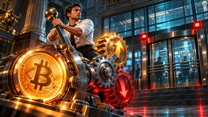 Illustration d’un levier amplifiant les variations de Bitcoin dans les deux sens, devant une porte de marché fermée