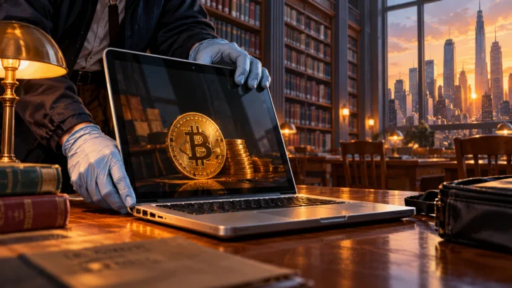 Un ordinateur est sécurisé dans une bibliothèque, avec Bitcoin représenté symboliquement sur son écran