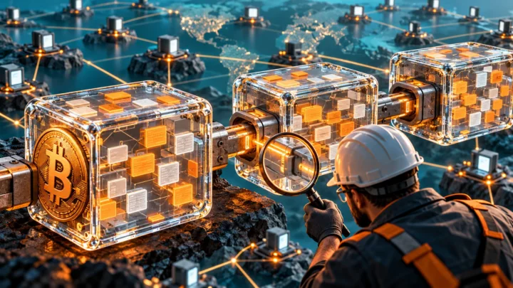Un technicien examine des blocs transparents reliés contenant des éléments symbolisant des transactions Bitcoin.