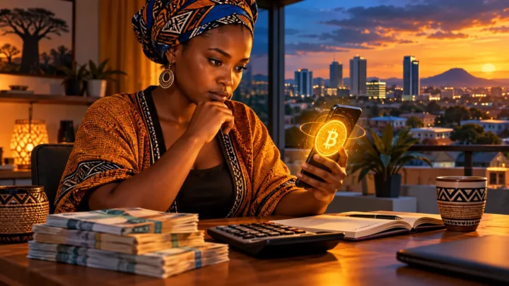 A reader compares a Bitcoin representation, a calculator and stylized banknotes in an interior in Gaborone.