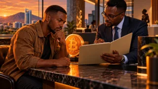 Un client examine un dossier avec un conseiller dans un comptoir financier, près d’un symbole Bitcoin lumineux.