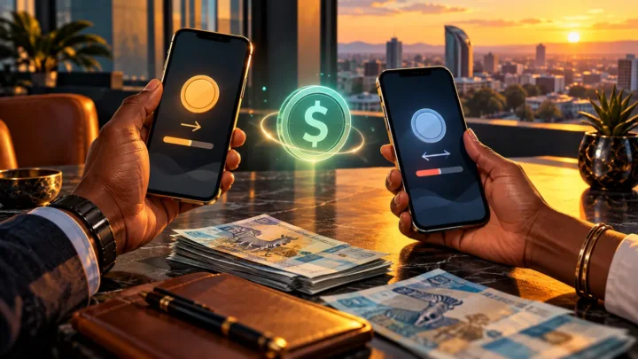 Deux téléphones et un symbole de jeton lié au dollar illustrent la comparaison d’un transfert, près de billets stylisés.