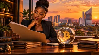Une chercheuse examine des dossiers juridiques près d’une sphère Bitcoin et d’une balance symbolique à Gaborone.