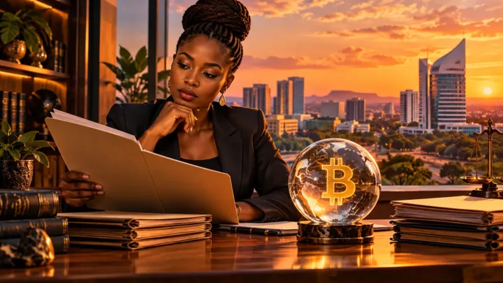 Une chercheuse examine des dossiers juridiques près d’une sphère Bitcoin et d’une balance symbolique à Gaborone.