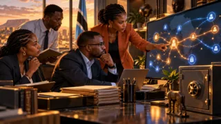 Une équipe examine des flux numériques sur un écran dans un bureau, avec des dossiers et un coffre au premier plan.